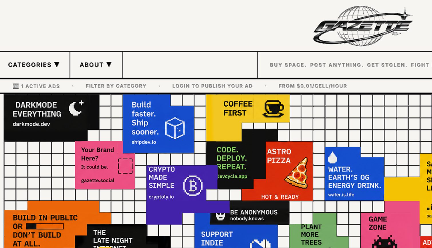 The Gazette grid — a newspaper-style canvas of rented ad cells